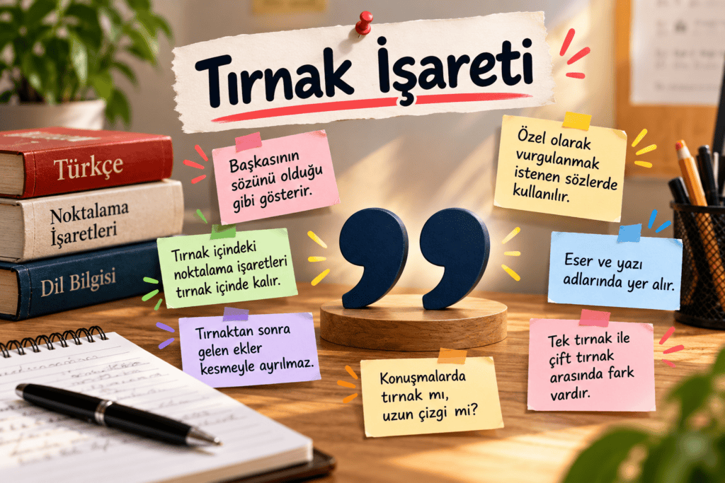 Tırnak işaretinin kullanıldığı yerleri ve örneklerini gösteren Türkçe ders görseli