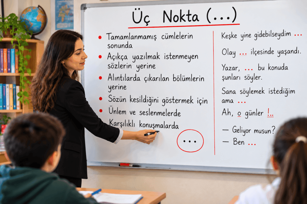 Üç noktanın görevlerini ve kullanım örneklerini anlatan öğretmenli Türkçe ders görseli