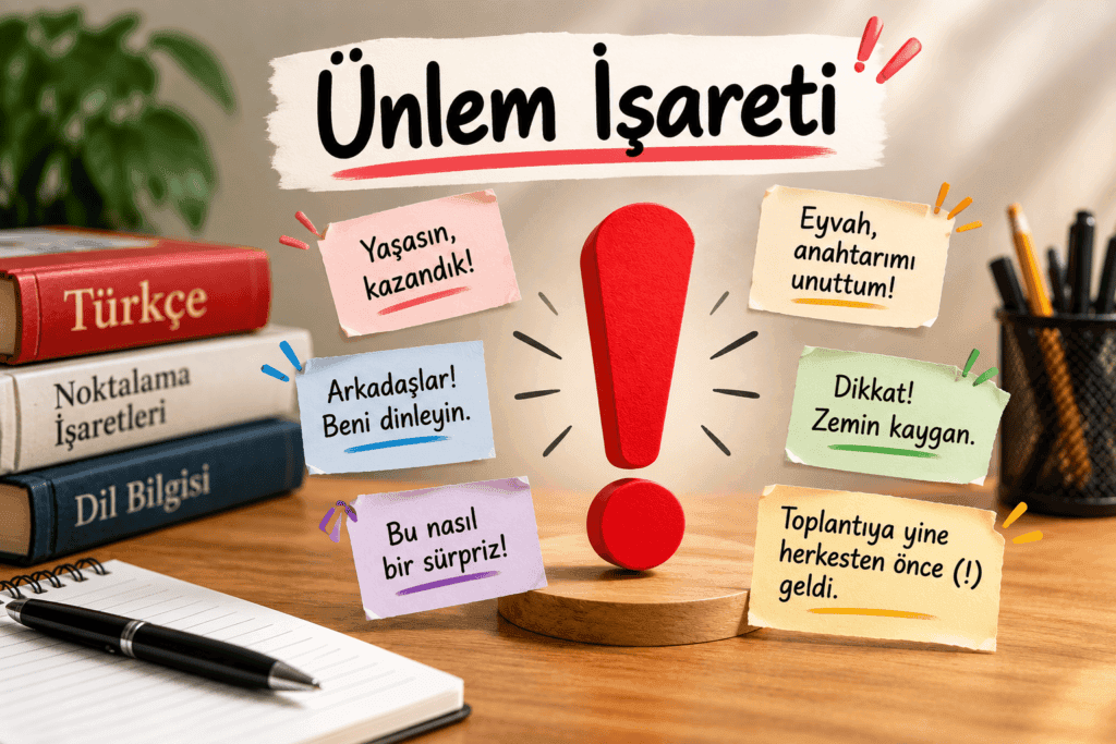 Ünlem işareti kullanımı ve örnek cümleleri gösteren Türkçe ders görseli