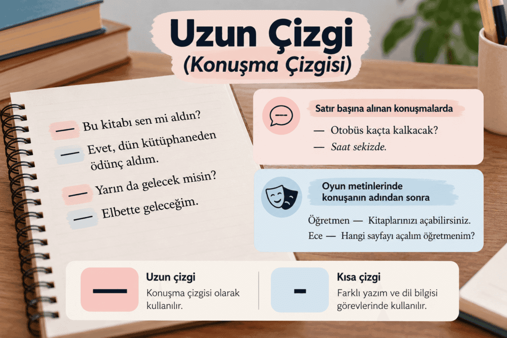 Uzun çizginin konuşma çizgisi olarak kullanımını ve örneklerini gösteren Türkçe ders görseli