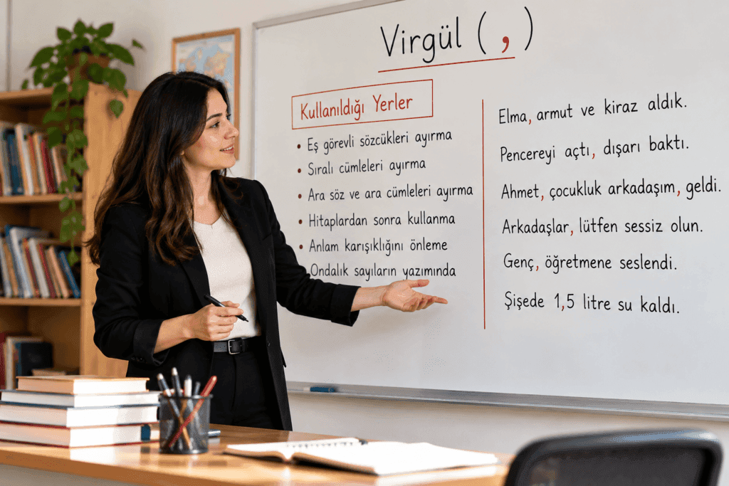Virgülün kullanıldığı yerleri ve örnek cümleleri anlatan Türkçe ders görseli