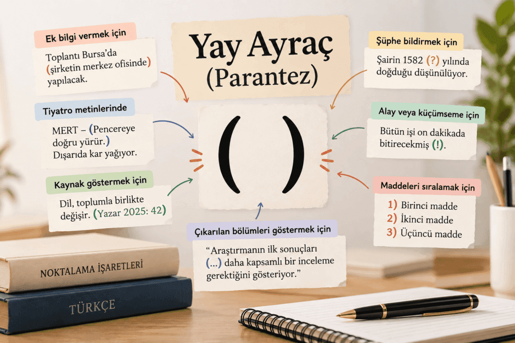 Yay ayraç (parantez) kullanımı ve örneklerini gösteren Türkçe ders görseli