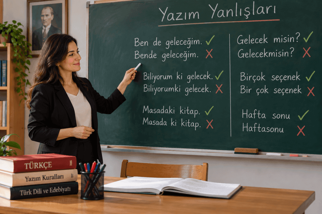 Yazım yanlışları ve doğru yazım örneklerini tahtada anlatan Türkçe öğretmeni