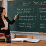 Yazım yanlışları ve doğru yazım örneklerini tahtada anlatan Türkçe öğretmeni
