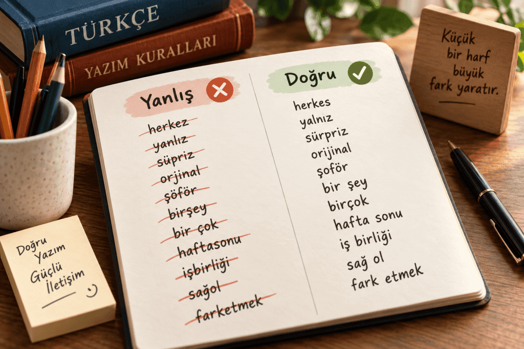 Yazımı karıştırılan kelimelerin yanlış ve doğru yazılışlarını gösteren eğitim görseli